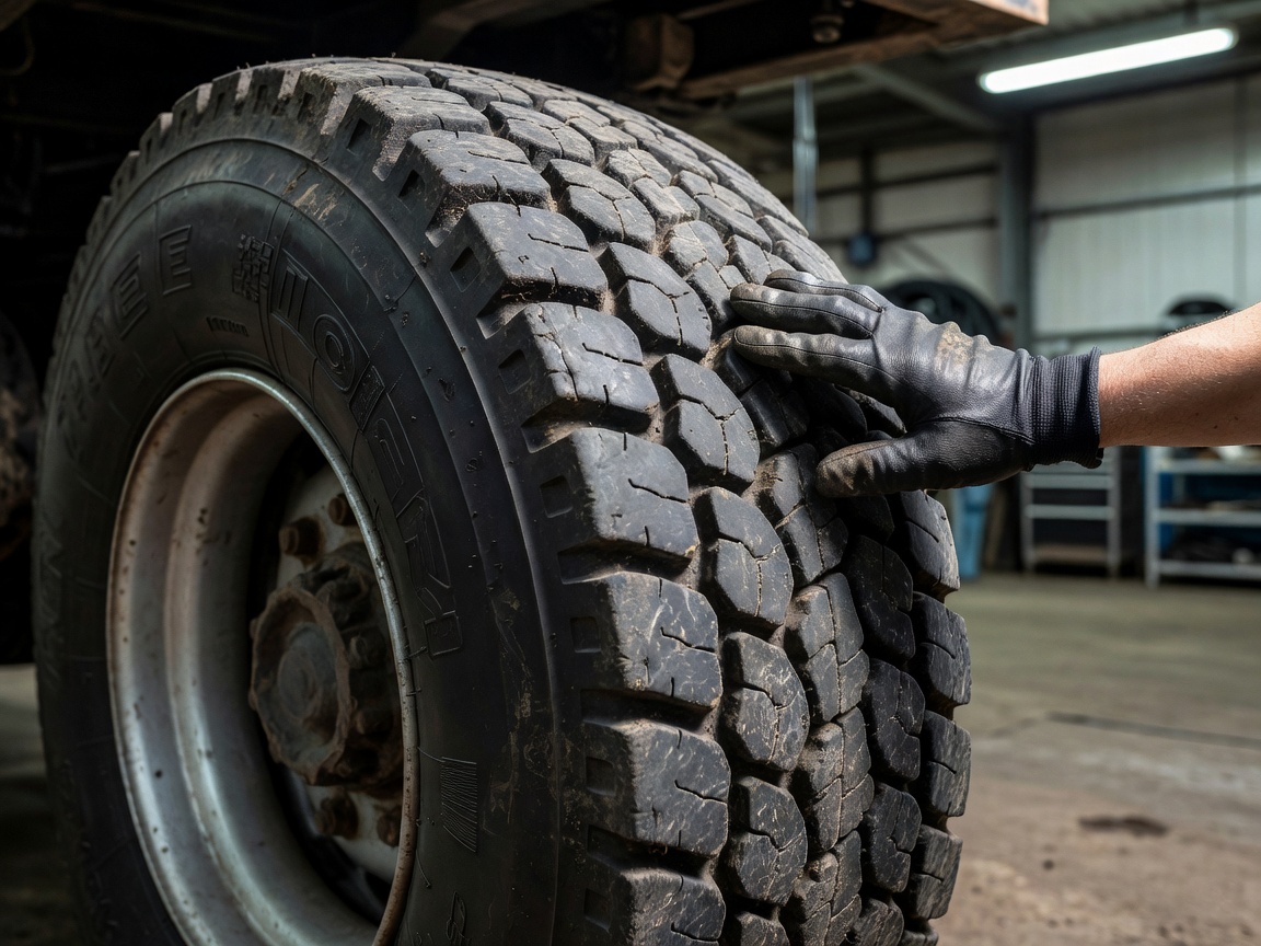 Close-up inspection of commercial vehicle tyre and tread condition