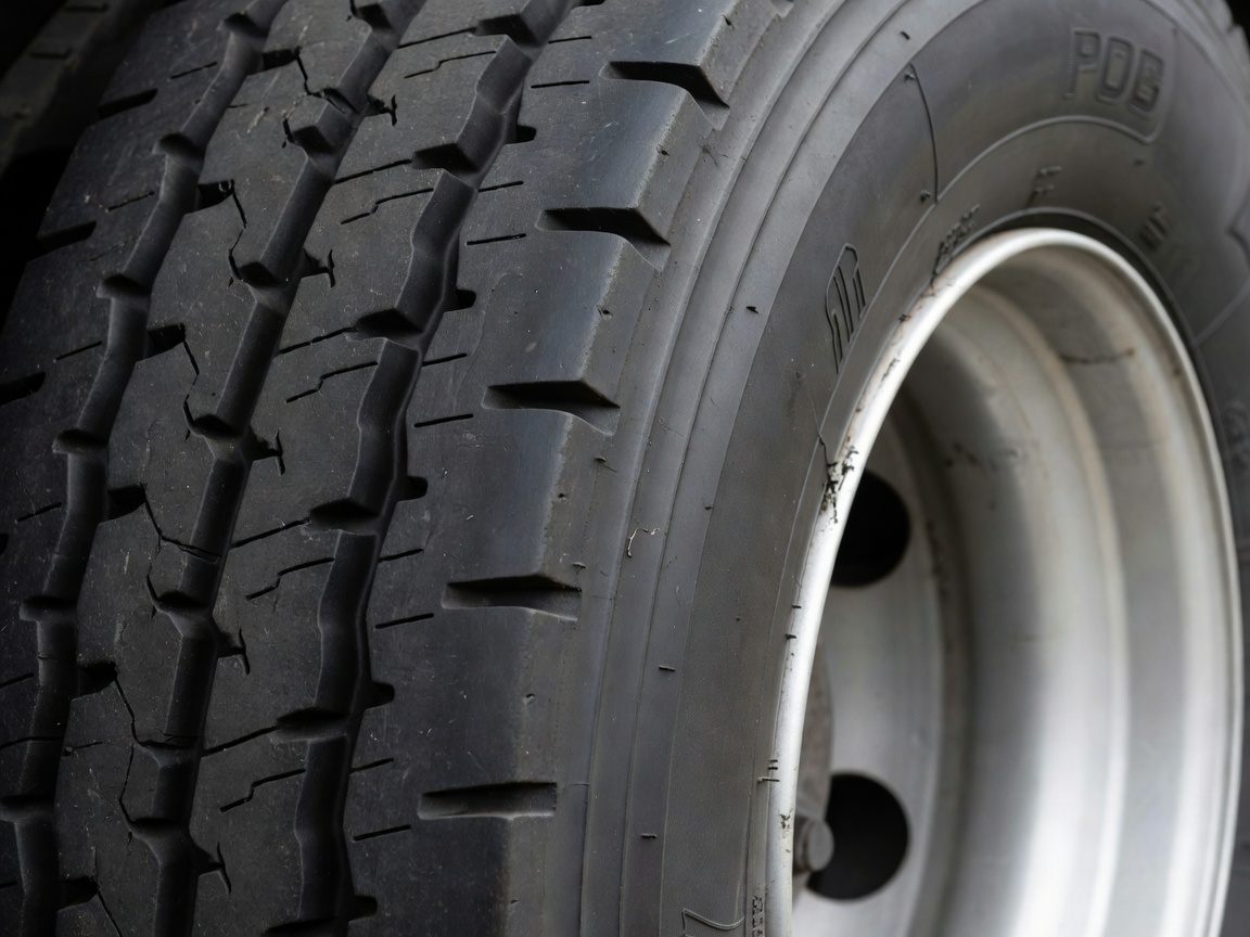 Close-up visual examination of commercial tyre tread patterns and rim integrity