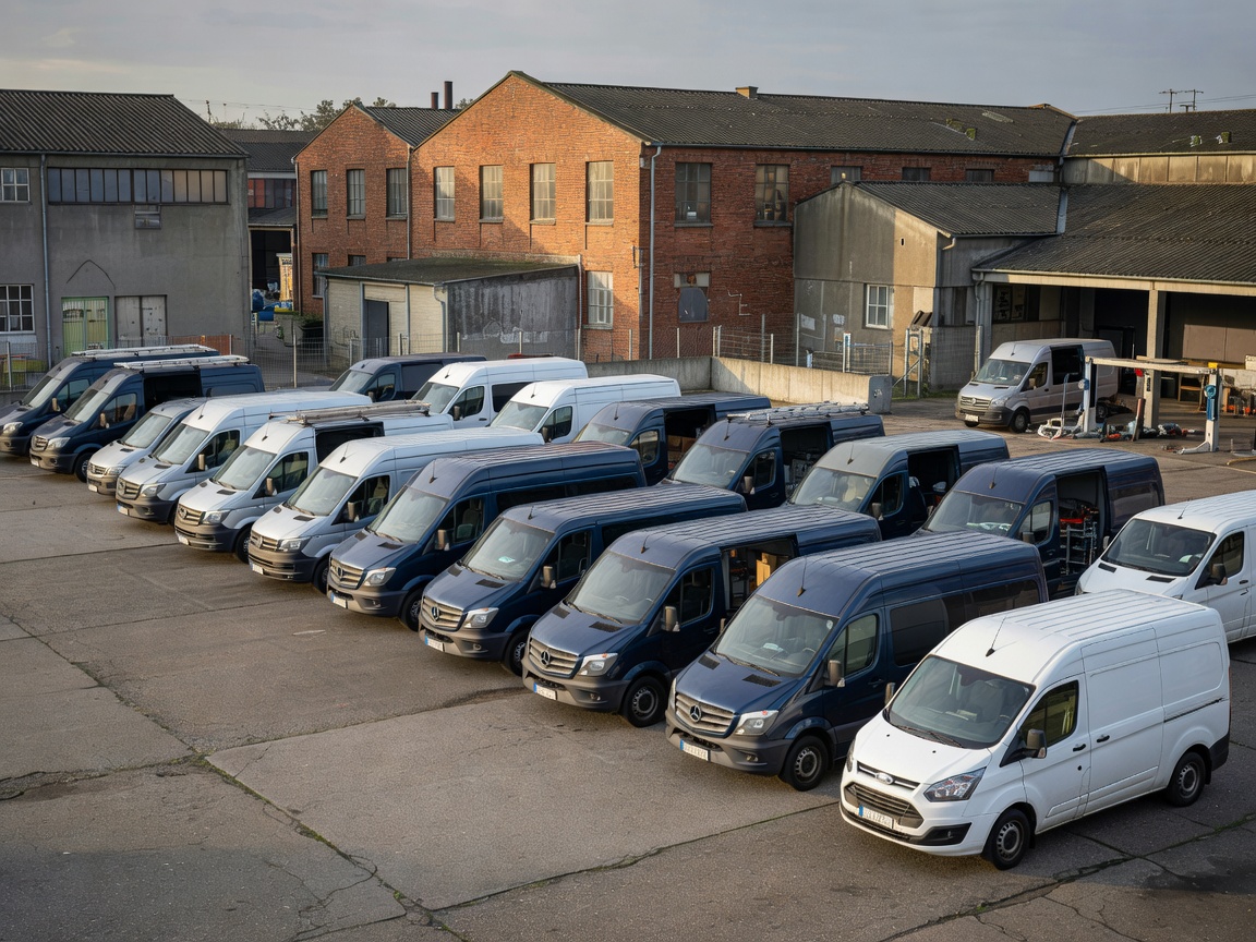 Commercial fleet operations facility with European commercial vans in an industrial zone