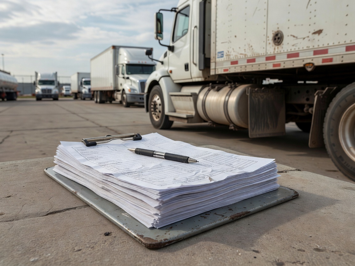 Completed inspection documentation beside a fleet transport vehicle