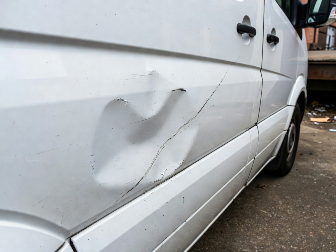 Detailed documentation of panel dent and scratch on European commercial delivery vehicle