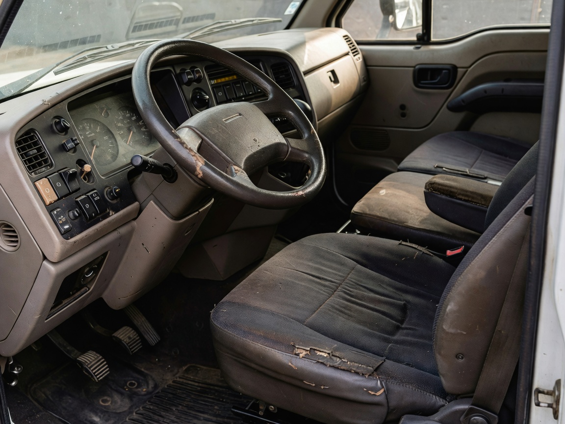 Detailed view of commercial vehicle driver cabin dashboard and seat condition