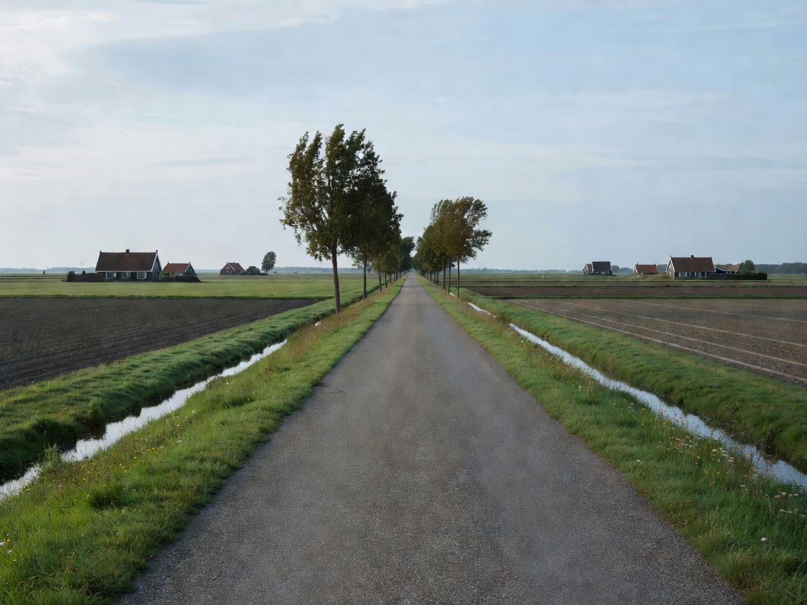 Dutch flat regional road landscape during soft daylight conditions