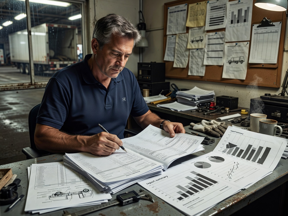 Fleet manager reviewing structured vehicle inspection documentation and report summary