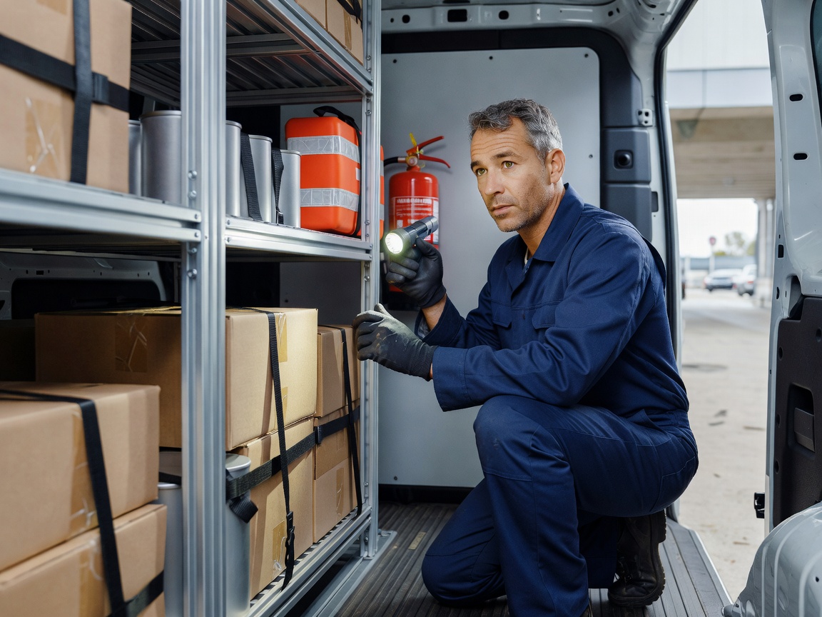 Fleet specialist checking cargo racking and safety equipment installed in commercial vehicle
