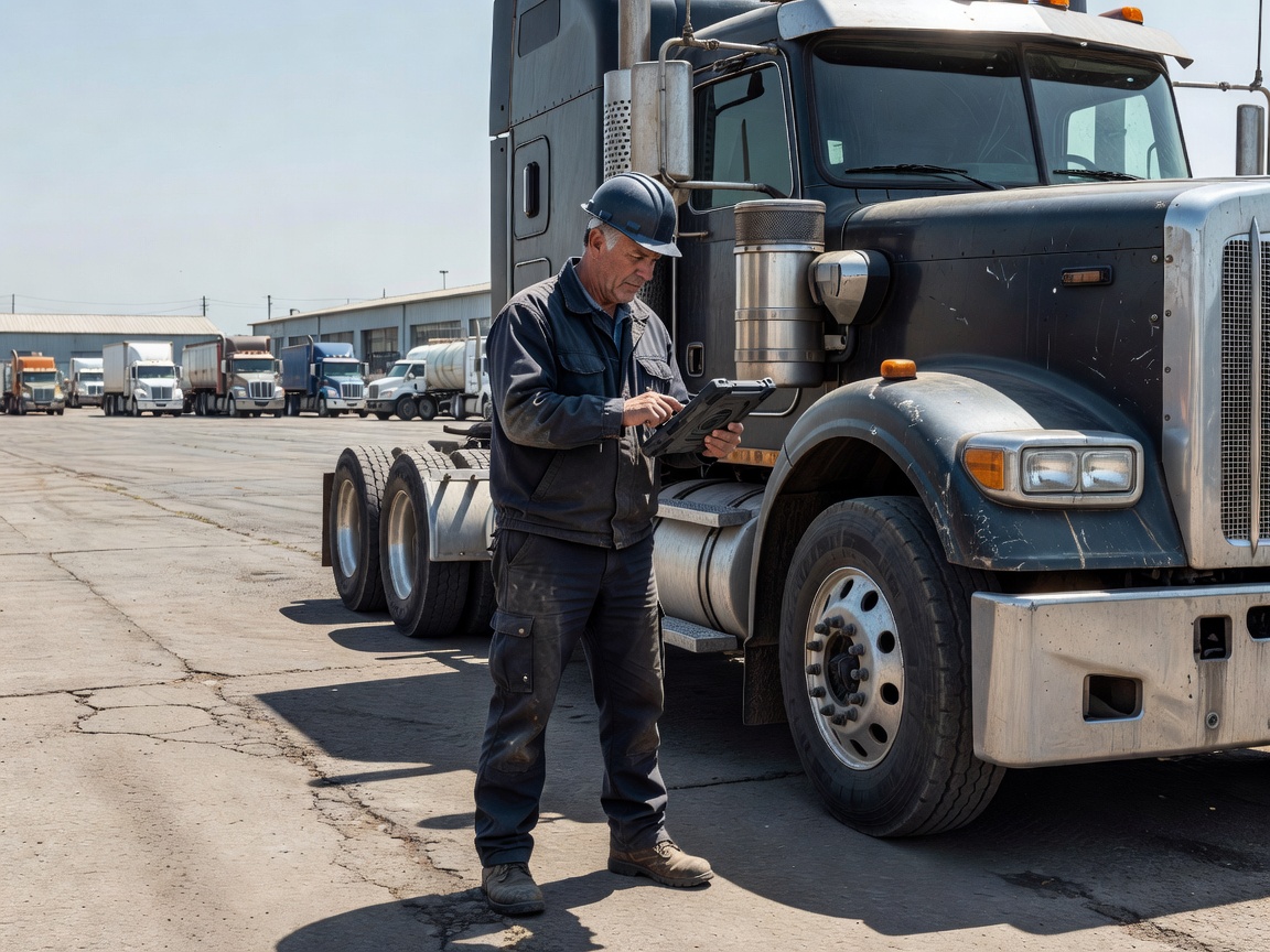 Fleet specialist documenting inspection parameters on commercial fleet asset