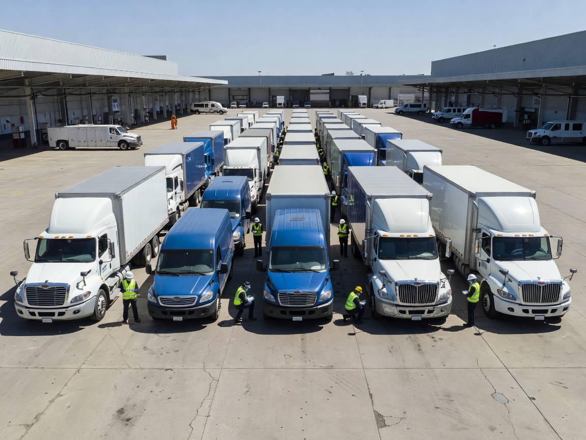 Fleet vehicles parked systematically in a modern European industrial logistics area in the Netherlands