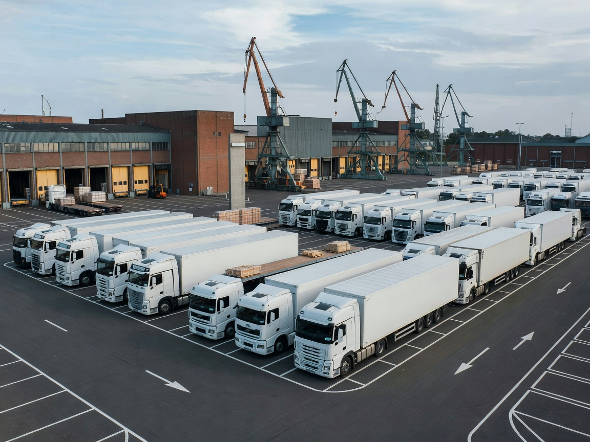 Fleet vehicles parked systematically at a Dutch industrial transport facility