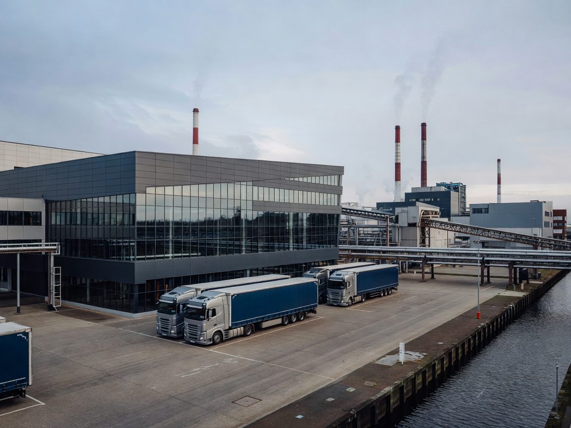 Modern commercial transport facility in Dutch industrial environment