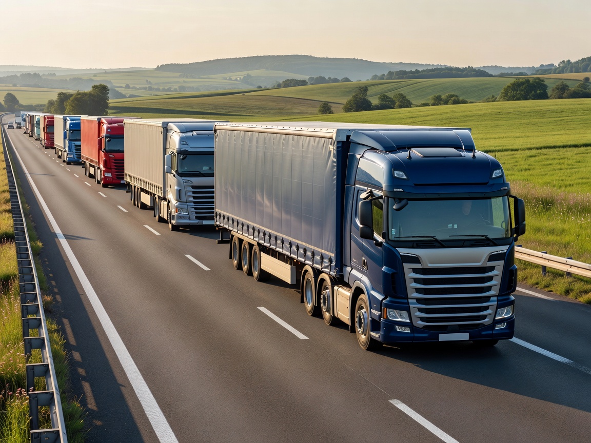 Modern European commercial transport trucks in transit