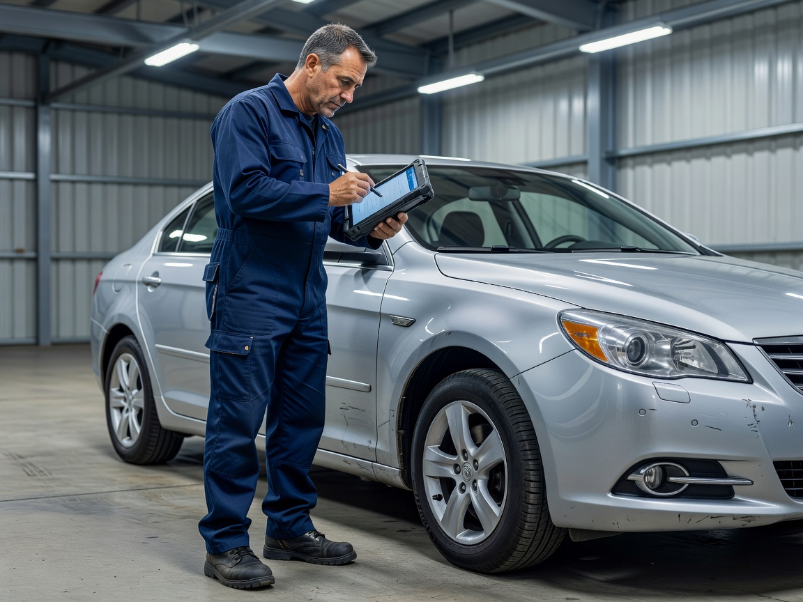 Professional documenting vehicle condition on tablet device