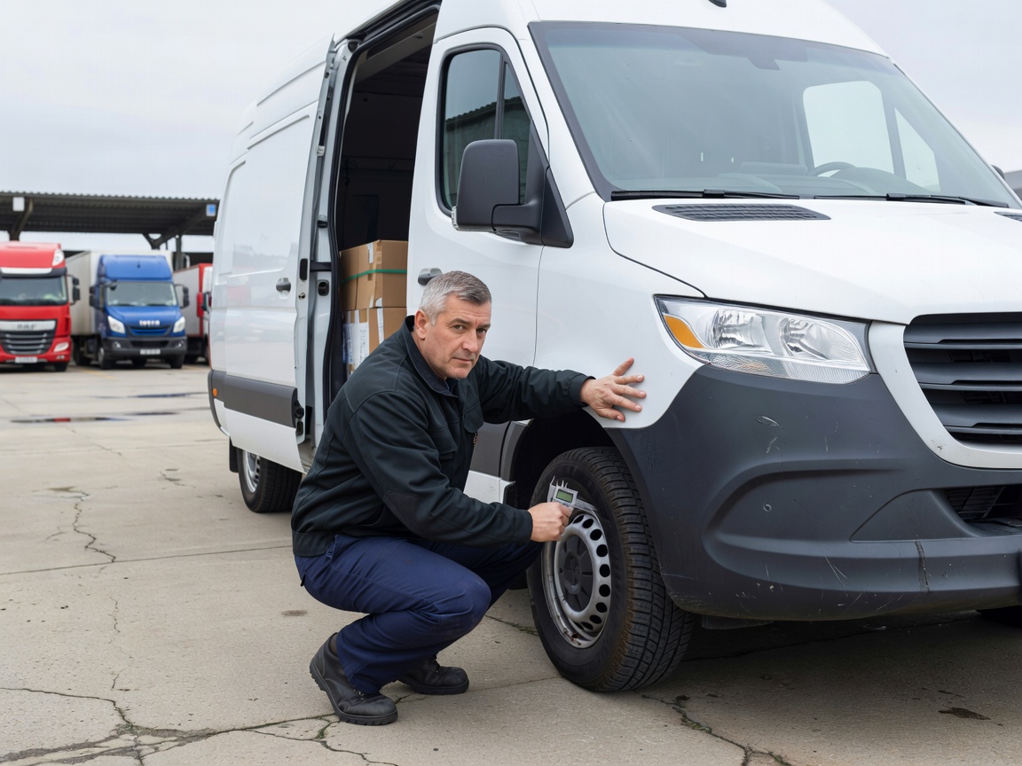 Professional inspecting a European delivery van exterior in commercial yard