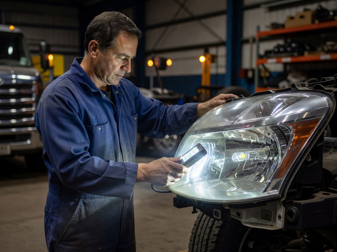 Technician checking commercial transport headlight lens clarity and bulb illumination
