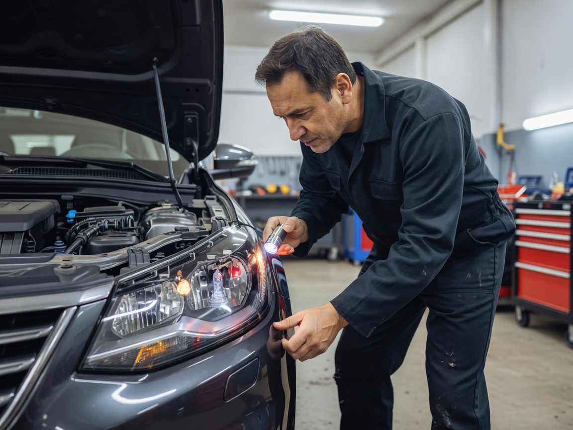 Technician checking vehicle lighting clusters and indicator bulbs