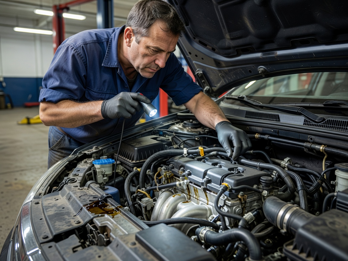 Technician inspecting engine compartment for visible fluid leaks and hose condition